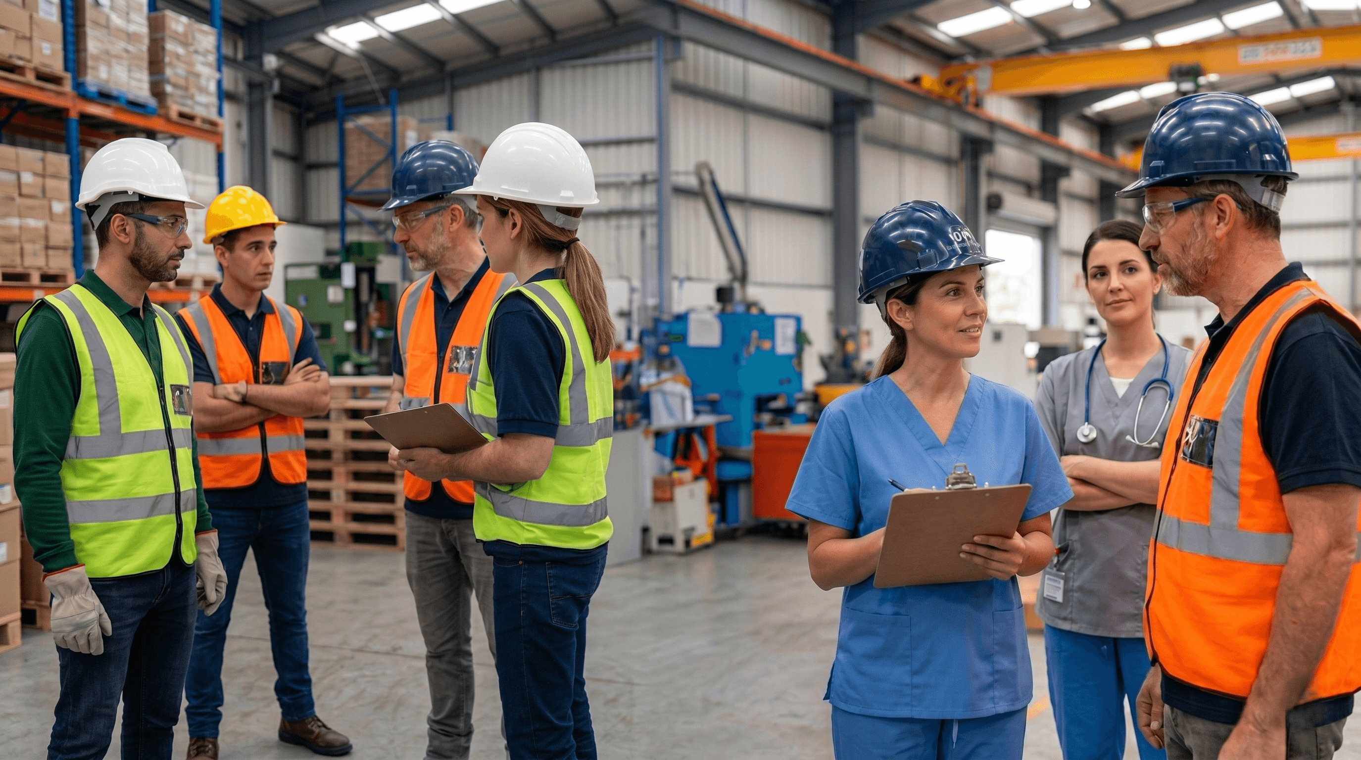 Equipo médico y personal operativo en entorno industrial, coordinando salud ocupacional